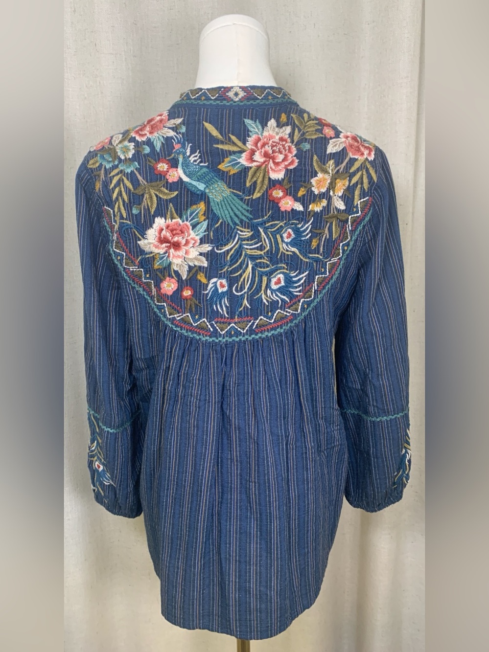 Johnny Was Embroidered Boho Tunic Top XS Blue Striped Floral Peacock